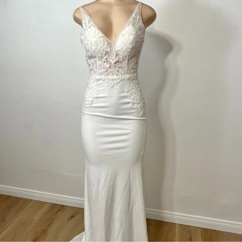 Lulu’s Remarkably Romantic White Sheer Mesh Beaded Maxi Wedding Dress - Picture 2 of 8